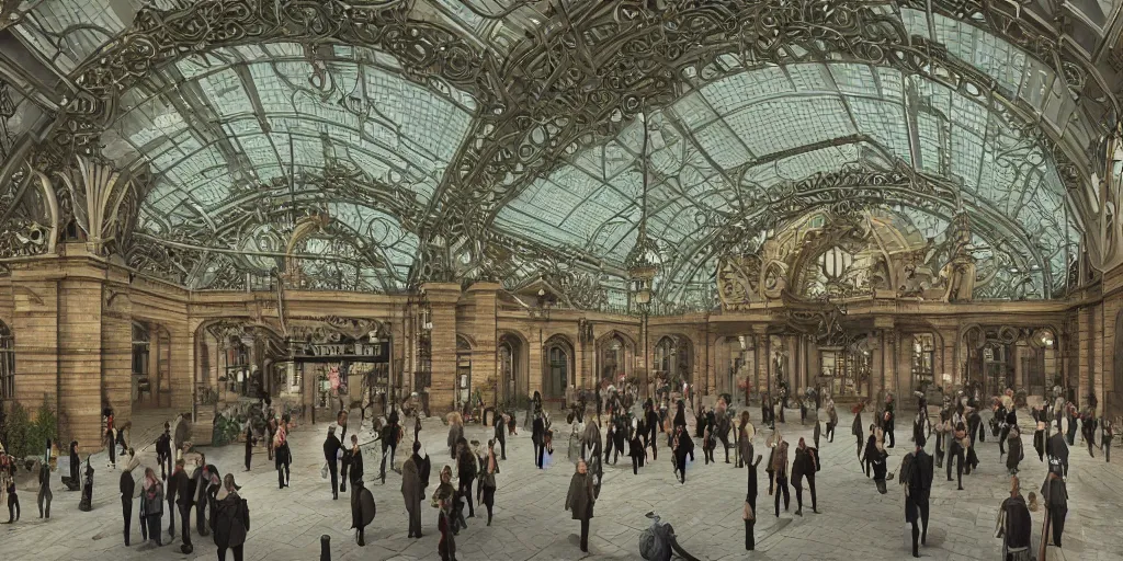Image similar to cinematic movie scene, 200mm wide shot, precise architectural rendering, interior of victorian era railway station with ornate art nouveau architecture, bustling with people and, victorian architecture, emerald, crystalline, detailed illustration, sharp focus, concept art, unreal engine, octane render, god rays