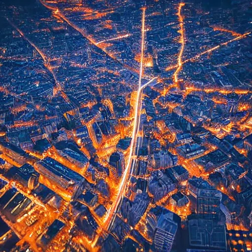 Image similar to City postsoviet area aerial view in neon light on a wide angle camera