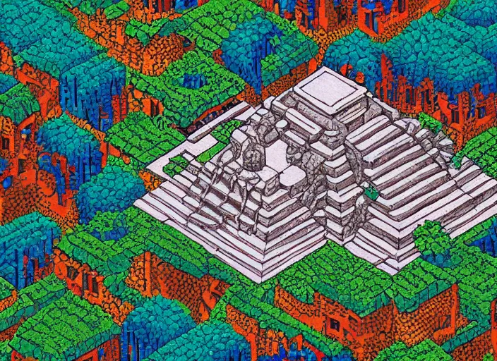 Prompt: Hand-painted Lucasarts pixel art background of a mayan temple in the middle of the jungle.