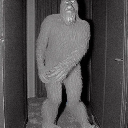 Image similar to grainy photo of bigfoot as a creepy monster in a closet, harsh flash