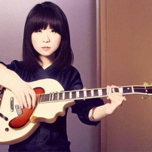 Image similar to real-life Yui Hirasawa with a Gibson Pre-'08 Les Paul Standard, a still of a Japanese movie