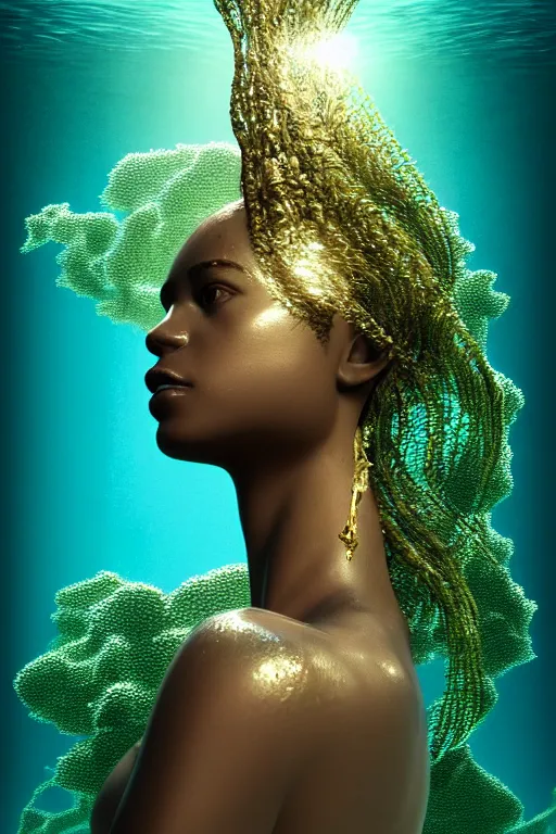 Image similar to hyperrealistic precisionist cinematic half underwater scene with fish and algae, very expressive! translucent elegant african goddess getting out of water, gold jewerly, highly detailed face, digital art masterpiece, aykut aydogdu zener, dramatic volumetric light, long shot, low angle uhd 8 k, sharp focus