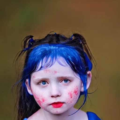 Image similar to a little blue girl with messy black hair she has sharp pointed ears freckles along the ridges of her cheeks, high resolution film still, 4k, HDR colors