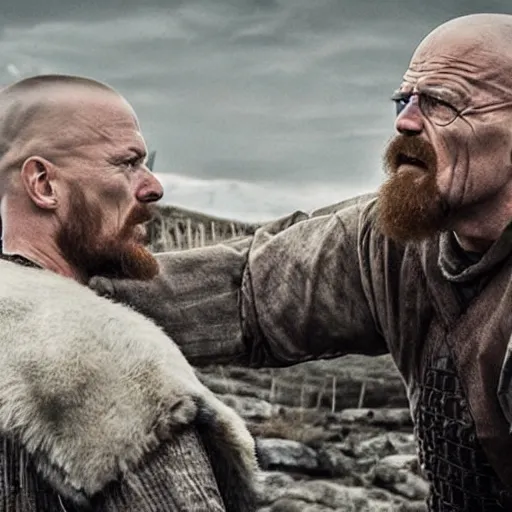 Prompt: Walter White fighting Ragnar Lathbrook in Vikings TV series.