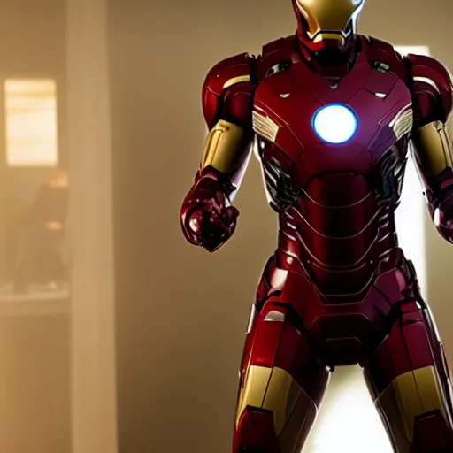 Image similar to Movie still of Scarlett Johansson in an Iron Man suit, bluray 4k cinematic