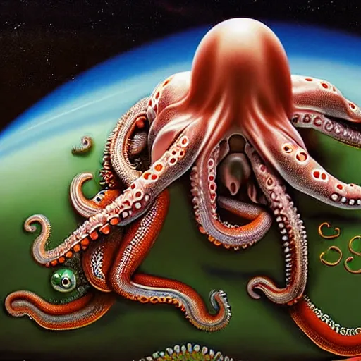 Image similar to hyperrealism photography in araki nobuyoshi dramatic scene from movie the big lebowski style computer simulation visualisation of detailed octopus riding on a astronaut back in the detailed ukrainian village