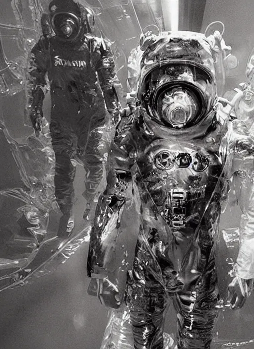 Image similar to astronauts in dark and empty void underwater - complex and hyperdetailed technical suit. reflection and dispersion materials. rays and dispersion of light. volumetric light. 5 0 mm, f / 3 2. noise film photo. flash photography. ultra realistic, wide angle. poster by wayne barlowe, hajime sorayama aaron horkey, craig mullins