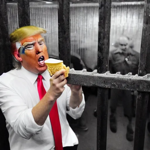 Prompt: donald trump eating an ice cream in his jail cell with other trump's wearing paper clothing