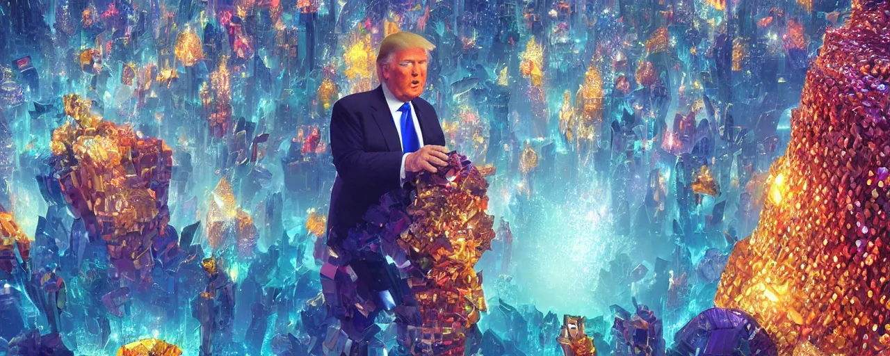 Prompt: donald trump made of shiny diamonds and crystals, [ shards, facets, by paul lehr, cinematic, detailed, epic, widescreen, opening, establishing, mattepainting, photorealistic, realistic textures, octane render ]