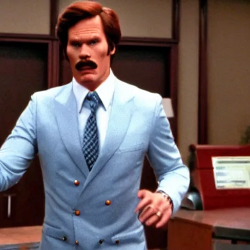 Image similar to Live Action Still of Jerma985 in Anchorman: The Legend of Ron Burgundy, real life, hyperrealistic, ultra realistic, realistic, highly detailed, epic, HD quality, 8k resolution, body and headshot, film still