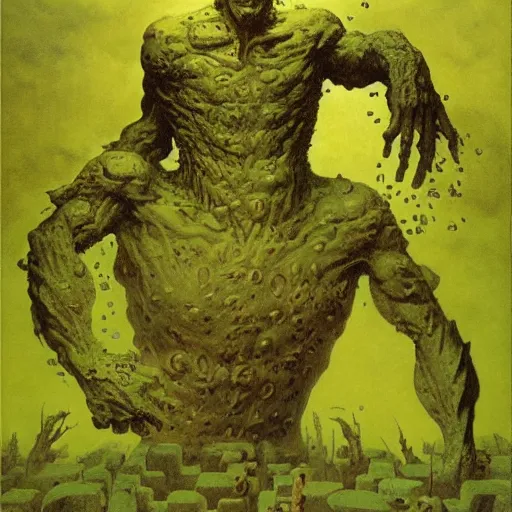 Image similar to Portrait of Angry Green Man surrounded by blocks of Swiss cheese, dark fantasy, artstation, painted by Zdzisław Beksiński and Wayne Barlowe