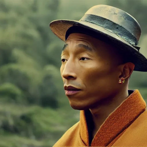 Image similar to cinematic film still Pharrell Williams starring as a Samurai with fire, Japanese CGI, VFX, 2003, 40mm lens, shallow depth of field,film photography