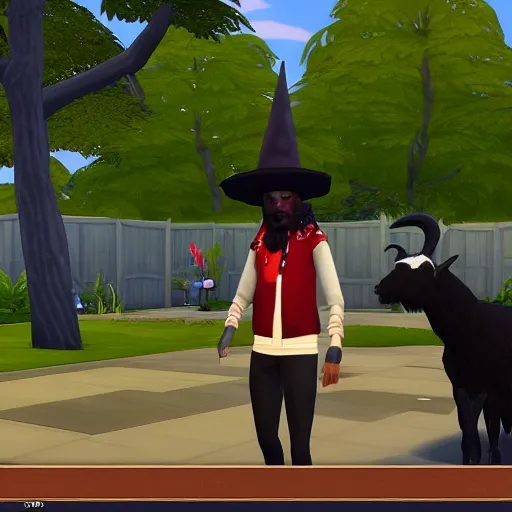 Image similar to an anthropomorphic black goat wizard in the sims 4, screenshot