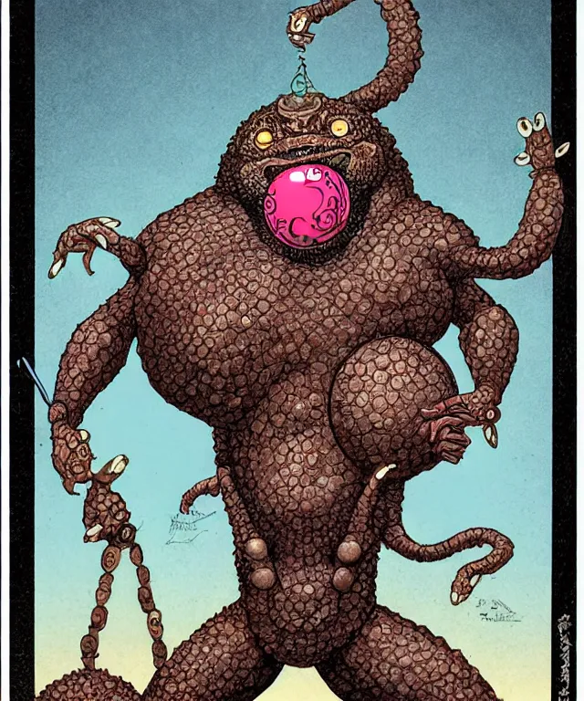 Prompt: hziulquoigmnzhah, the god of cykranosh, ziulquag - manzah has a spheroid body, elongated arms, short legs, and a pendulum - like head dangling underneath. he is the brother of ghisguth, and uncle of tsathoggua, art by keith thompson and christopher lane