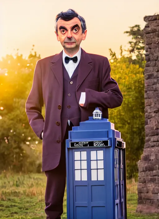 Image similar to dslr photo portrait still of mr bean as doctor who in front of the tardis at sunset, 8 k, 8 5 mm f 1. 4