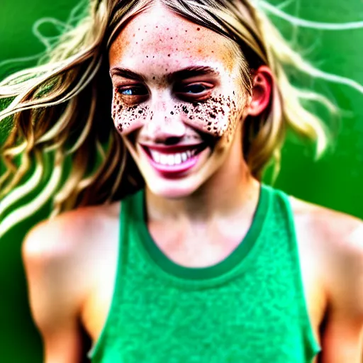 Prompt: a trending photo of over a million views from a female fashion model's instagram account, summer, freckles, smile, green eyes, natural, easygoing, healthy, nikon, leica, zeiss, 5 0 mm lens, flash fill, f 1. 8 depth of field