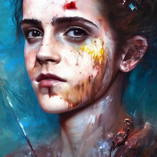 Image similar to emma watson expressive oil painting, of helena bonham carter mixed with sophia lauren, bumpy mottled skin full of blood and scars, ornate headpiece made from crystals, cables and wires, body horror, by yoshitaka amano, by greg rutkowski, by jeremyg lipkinng, by artgerm, digital art, octane render