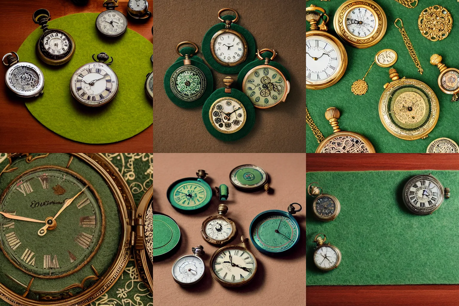 Prompt: photo of a set of intricate antique pocketwatches on a green felt mat