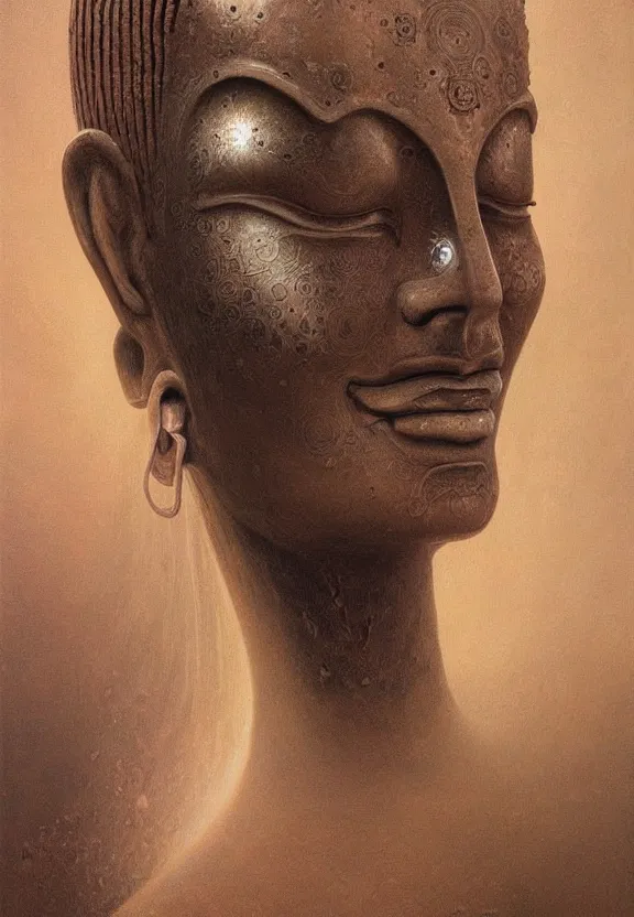 Image similar to perfectly centered portrait, front view of a beautiful android alien robot buddha, female, flowing hair, intense stare, sarcastic smile, symmetrical, concept art, intricate detail, volumetric shadows and lighting, realistic oil painting by zdzisław beksinski,