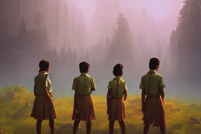 Image similar to kerala school kids wearing gender neutral uniform, an epic fantasy, dramatic lighting, cinematic, establishing shot, extremely high detail, photorealistic, cinematic lighting, artstation, matte painting by simon stalenhag, horizon forbidden west