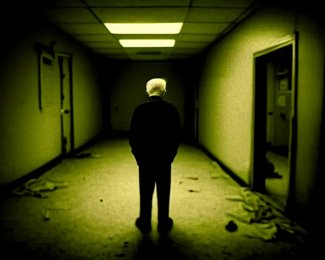 Prompt: creepy old man standing in the backrooms, the eerie forlorn atmosphere of a place that's usually bustling with people but is now abandoned and quiet, buzzing fluorescent lights above the ceiling, unsettling images, liminal space, dark,