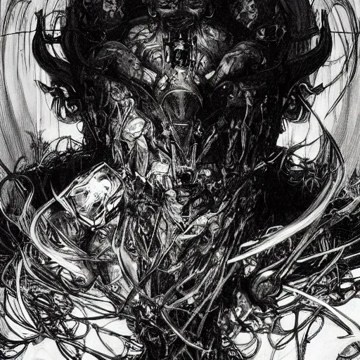 Image similar to gustave dore james gurney greg rutowski yoji shinkawa apophasis shintaro kago apophasis hyperrealism alphonse mucha victo ngai hyperrealism evil satanic shamanic deity combat mech demigod powerful cyborg death god hell hellscape damned souls horrid hyperrealism