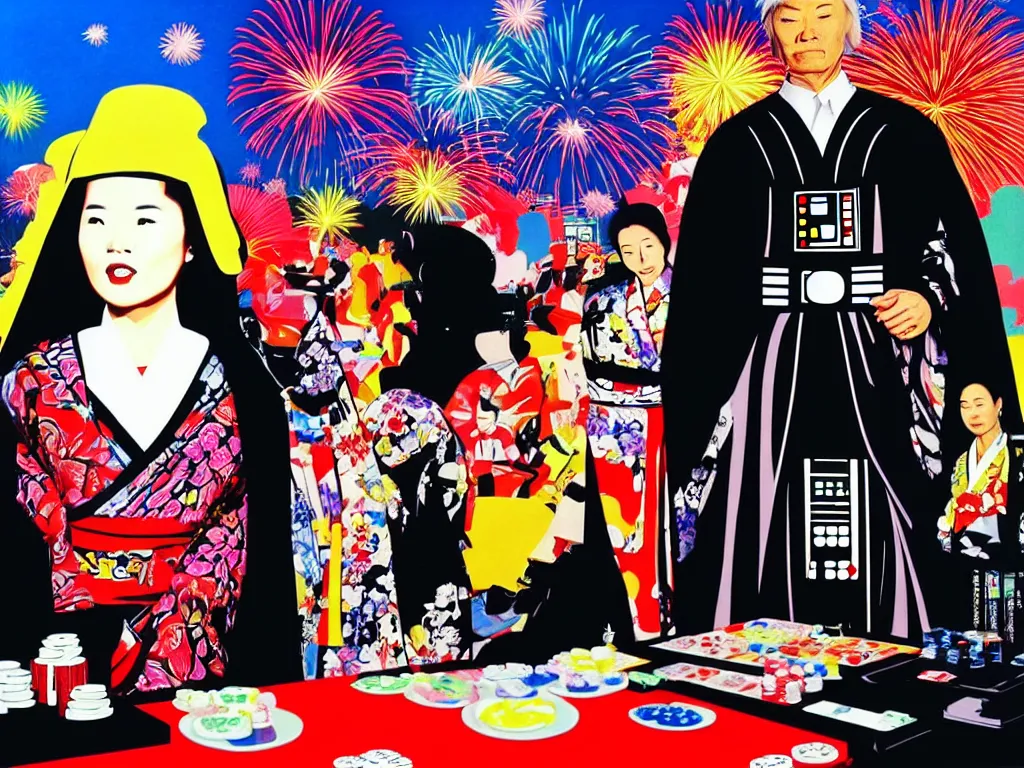 Prompt: hyperrealistic composition, in the middle the woman in a japanese kimono, behind her stands the darth vader, in front of her a table from the casino, in the background is mount fuji and fireworks, pop - art style, jacky tsai style, andy warhol style, acrylic on canvas