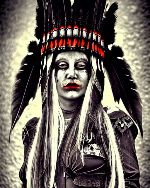 Image similar to lady native sisters ghost - spirit of the grim - warpaint wears the scarlet skull armor and native blood headdress feathers, midnight fog - mist!, dark oil painting colors, realism, cinematic lighting, various refining methods, micro macro autofocus, ultra definition, award winning photo, photograph by ghostwave - gammell - giger - shadowlord