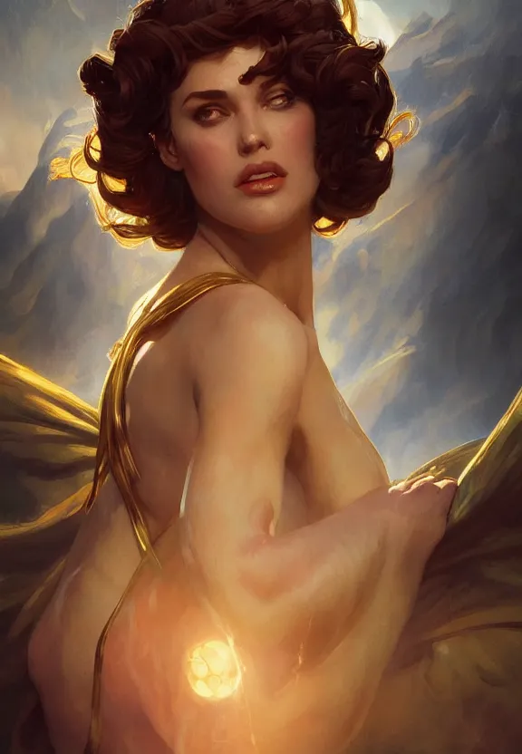 Prompt: Circe, posing heroically, heavenly, full body close-up shot, elegant, digital painting, golden hour, cinematic, epic, trending on artstation, concept art, smooth, sharp focus, illustration, art by artgerm and Greg Rutkowski and Alphonse Mucha