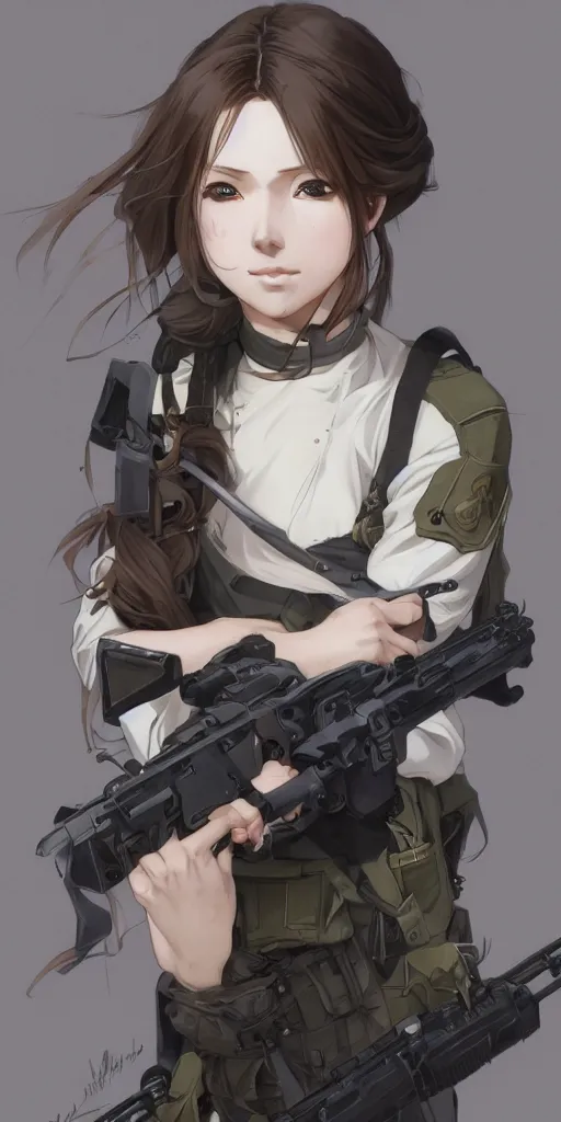 Image similar to infantry girl, anime style, long hair, hair down, symmetrical facial features, from girls frontline, hyper realistic, pale skin, 4 k, rule of thirds, extreme detail, detailed drawing, trending artstation, hd, special forces, trading card, by alphonse mucha, greg rutkowski, sharp focus, backlit