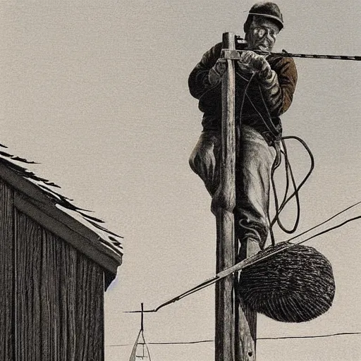 Image similar to A lineman working on a utility pole with a wasp nest on the pole painting, commercial illustration, Chris Van Allsburg