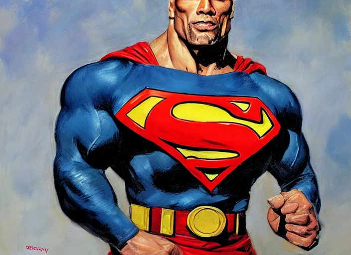 Image similar to a highly detailed beautiful portrait of the rock as superman, by gregory manchess, james gurney, james jean