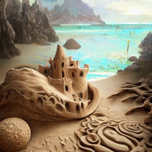 Image similar to organic cybog, holographic plastic, driftwood and sea agate beside a sandcastle, fantasy, intricate, elegant, highly detailed, lifelike, photorealistic, digital painting, artstation, illustration, smooth, sharp focus, art by josh dykgraaf, albert aublet, krenz cushart, bouguereau, artem demura, mucha