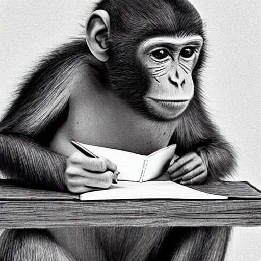 Image similar to monkey studying writing in a notebook, 4k, HD, Full-HD, Super-Resolution, by Laurie Lipton