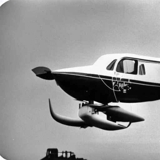 Image similar to an airplane with a tiny whale pilot, the whale is in the airplane cabin, the whale head can be seen through the window