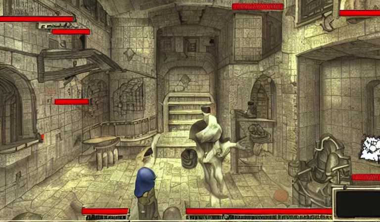 Image similar to Dungeon crawler with UI, 2DCG, 3D environment, first-person POV PS1 game, designed by Hieronymous Bosch!!!!!