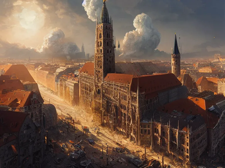 Prompt: , city of munich!!!, multiple nuclear explosions!!!, rubble, hyperrealistic, highly detailed, cinematic, single ray of golden sunlight, beautiful, cgssociety, artstation, 8 k, oil painting by greg rutkowski, by artgerm, by wlop