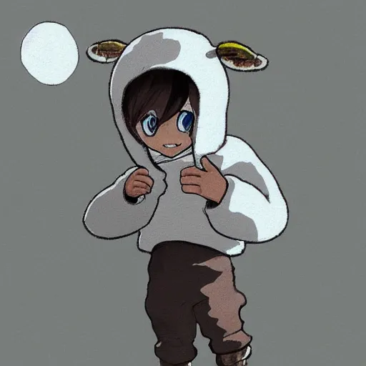 Prompt: little boy wearing sheep suit. white, gray, blue, green and brown pallet color. made in abyss art style, cute detailed artwork
