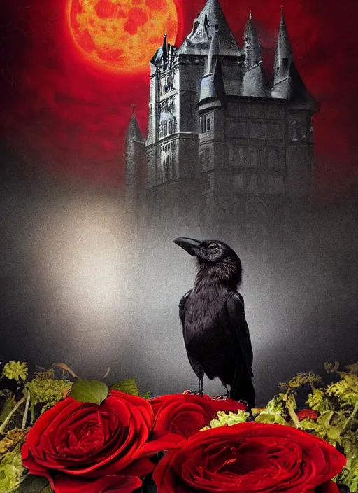 Image similar to red and golden color details, portrait, A crow with red eyes in front of the full big moon, book cover, red roses, red white black colors, establishing shot, extremly high detail, foto realistic, cinematic lighting, castle in the background, by Yoshitaka Amano, Ruan Jia, Kentaro Miura, Artgerm, post processed, concept art, artstation, raphael lacoste, alex ross, portrait, A crow with red eyes in front of the full big moon, book cover, red roses, red white black colors, establishing shot, extremly high detail, photo-realistic, cinematic lighting, by Yoshitaka Amano, Ruan Jia, Kentaro Miura, Artgerm, post processed, concept art, artstation, raphael lacoste, alex ross