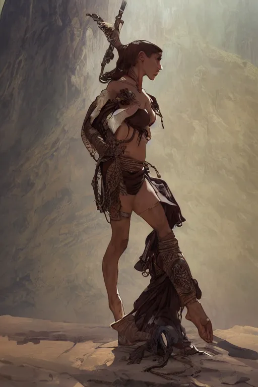 Image similar to a full body portrait of a beautiful post apocalyptic offworld desert bedouin thief savage rogue in beggars clothes in ballet pose by the emerald oasis pools, intricate, elegant, highly detailed, digital painting, artstation, concept art, smooth, sharp focus, illustration, art by krenz cushart and artem demura and alphonse mucha