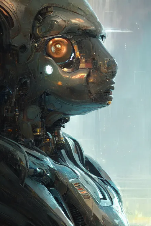 Image similar to sentient robot, close - up portrait, intricate, elegant, volumetric lighting, scenery, digital painting, highly detailed, artstation, sharp focus, illustration, concept art, luis rollo, ruan jia, steve mccurry, john berkey