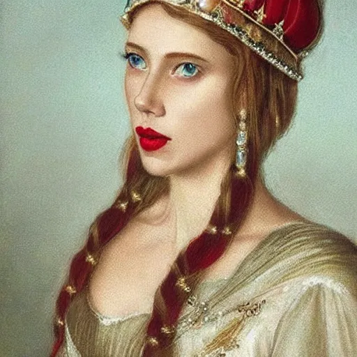 Prompt: portrait of a empress, with her royal crown, beautiful, long blonde haired, beautiful nose, red lipstick, looks like scarlett johansson woman