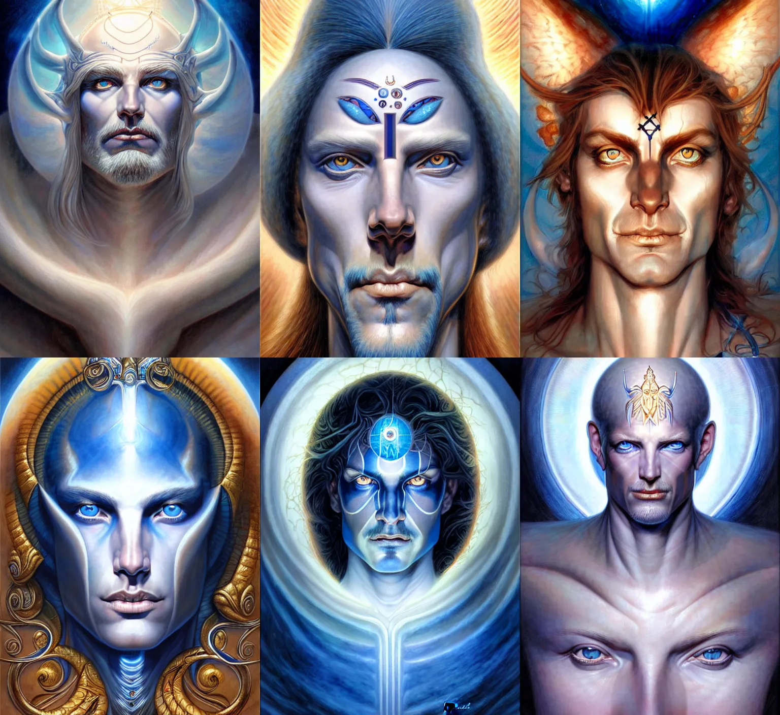 Prompt: stunning god of life portrait, clear blue eyes. realistic, symmetrical face. art by bowater charlie, mark brooks, julie bell, arian mark, tony sandoval