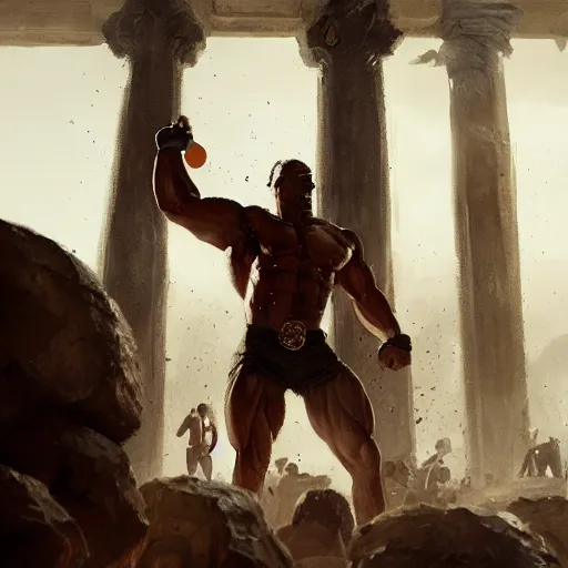 Image similar to The seasoned bodybuilder knocking down the columns of the Philistines , Greg rutkowski, Trending artstation, cinematográfica, digital Art