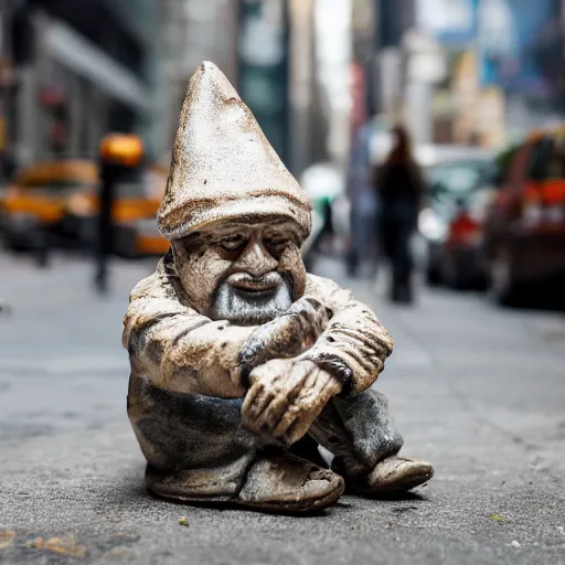 Prompt: street photograph of a broken ceramic garden gnome in new york city on a busy day. 8k resolution.