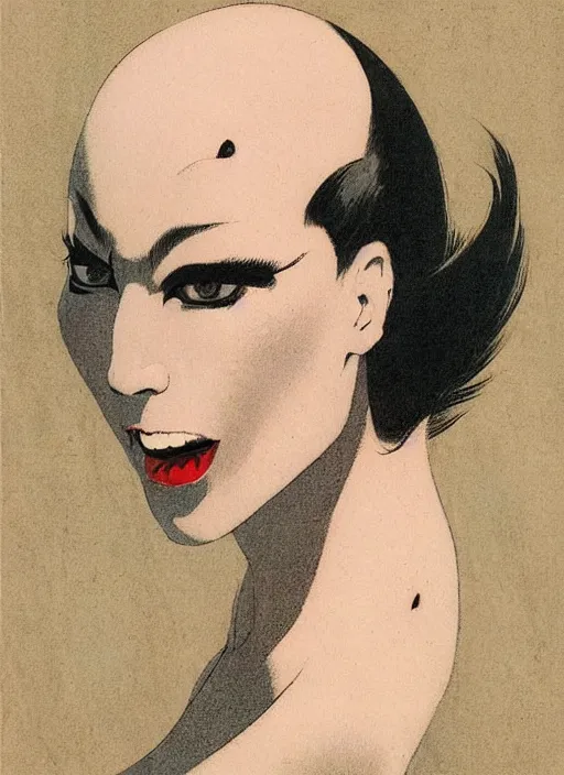 Image similar to portrait of bald korean vampiress, strong line, saturated color, beautiful! coherent! by frank frazetta, high contrast, minimalism