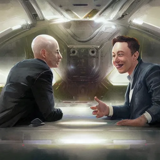 Image similar to illustration of a meeting between elon musk, mark zuckenberg, jeff bezos, very clear face, high quality, very detailled, by artgem, greg rutkowski, ruan jia