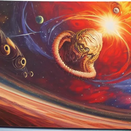 Image similar to painting of ian mckellen as terrorist from jupiter fighting an alien invasion in deep space, the aliens have long thick slimey amorphous tentacles, highly detailed, award painting, 8 k, alien landscape