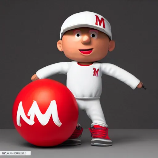 Image similar to a single red m & m candy with white arms and legs, a red sphere wearing a white baseball cap, eminem as the red m character standing on a floor covered with m & m candies, m & m candy dispenser!!!, m & m plush, unreal engine, studio lighting, unreal engine, volumetric lighting, artstation, cosplay, by hans bellmer