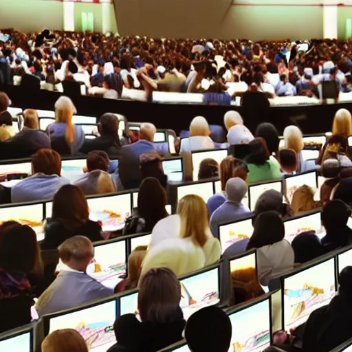 Image similar to “people in robes watching big brother on computer graphics conference 4K realistic”